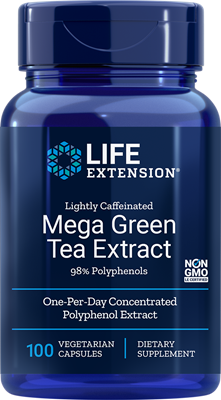 A bottle of Life Extension Lightly Caffeinated Mega Green Tea Extract