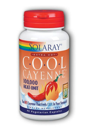 A bottle of Solaray Extra Hot Cool Cayenne Pepper 100,000 HU