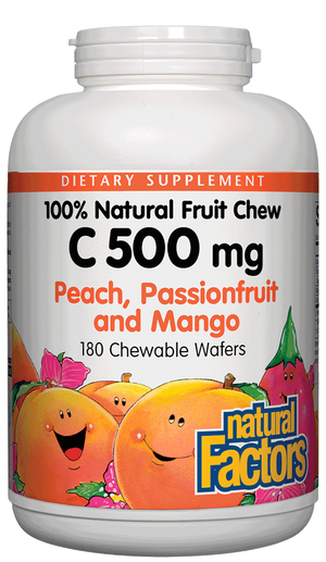 A bottle of Natural Factors Vitamin C 500 mg Natural Fruit Chews Peach, Passionfruit & Mango