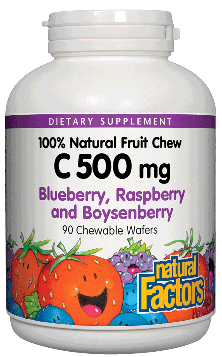 A bottle of Natural Factors Vitamin C 500 mg Natural Fruit Chews Blueberry, Raspberry & Boysenberry