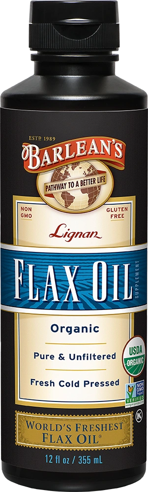 A bottle of Barleans Organic Lignan Flax Oil