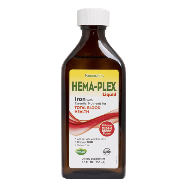 A bottle of Nature's Plus Hema-Plex Liquid Iron 8.5 Fl Oz