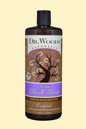 A bottle of Dr. Woods Raw Black Original with Fair Trade Organic Shea Butter
