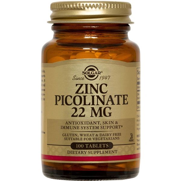 A bottle of Solgar Zinc Picolinate 22 mg