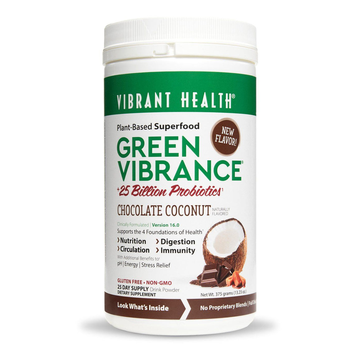 A bottle of Vibrant Health Green Vibrance Chocolate Coconut