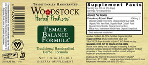 A label with supplemental facts for Woodstock Herbal Products Female Balance Formula