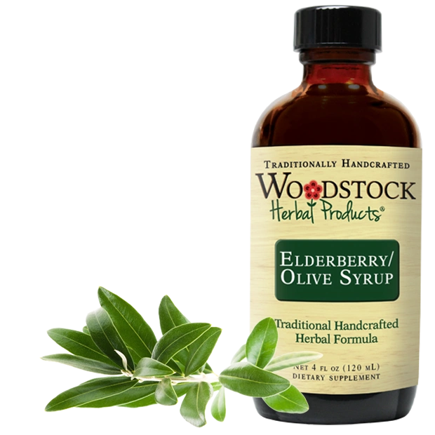 A bottle of Woodstock Herbal Products Elderberry Olive Syrup