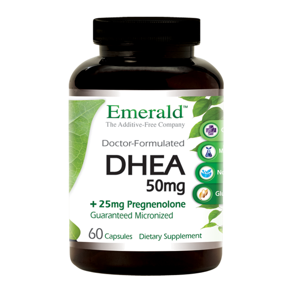 A bottle of Emerald DHEA + Pregnenolone