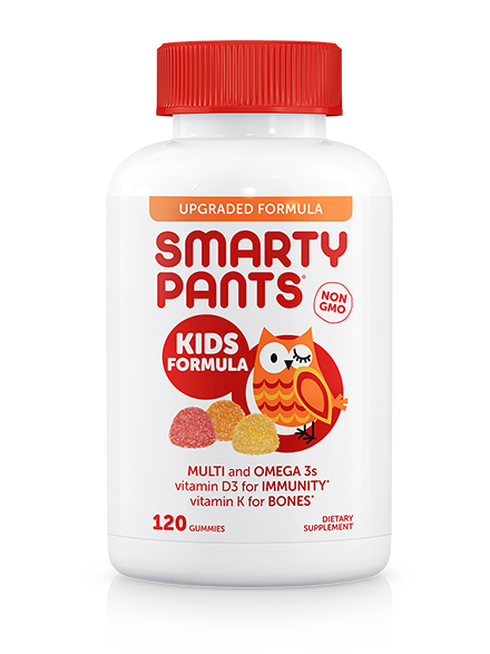 A bottle of Smartypants Kids Formula Multivitamin + Omega 3