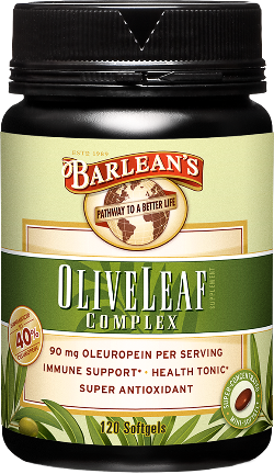A bottle of Barleans Olive Leaf Complex Softgels