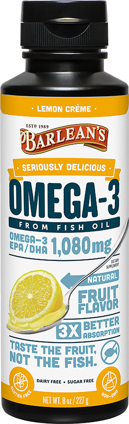 A bottle of Barleans Seriously Delicious™ Omega-3 Fish Oil Lemon Crème