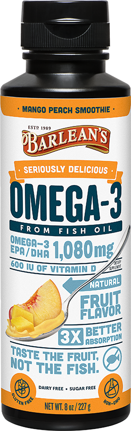 A bottle of Barleans Seriously Delicious™ Omega-3 Fish Oil Mango Peach Smoothie