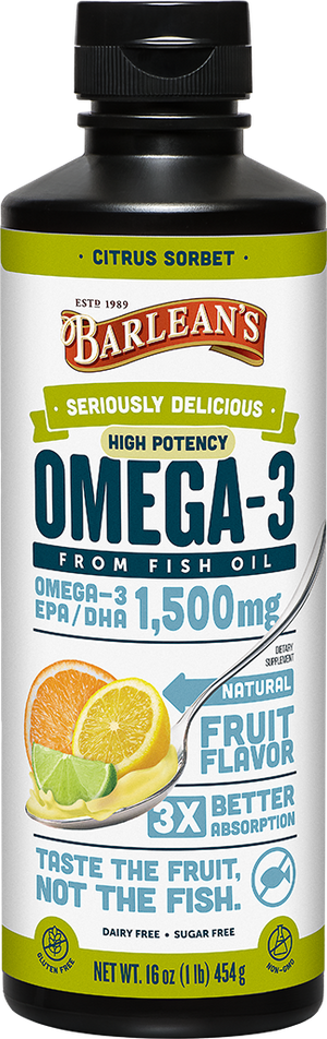 A bottle of Barleans Seriously Delicious™ Omega-3 High Potency Fish Oil Citrus Sorbet