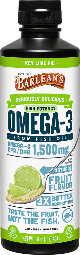 A bottle of Barleans Seriously Delicious™ Omega-3 High Potency Fish Oil Key Lime Pie