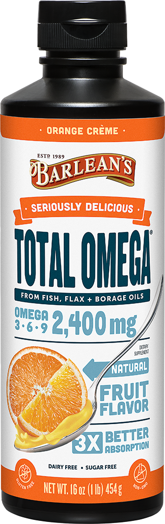 A bottle of Barleans Seriously Delicious™ Total Omega® Orange Crème