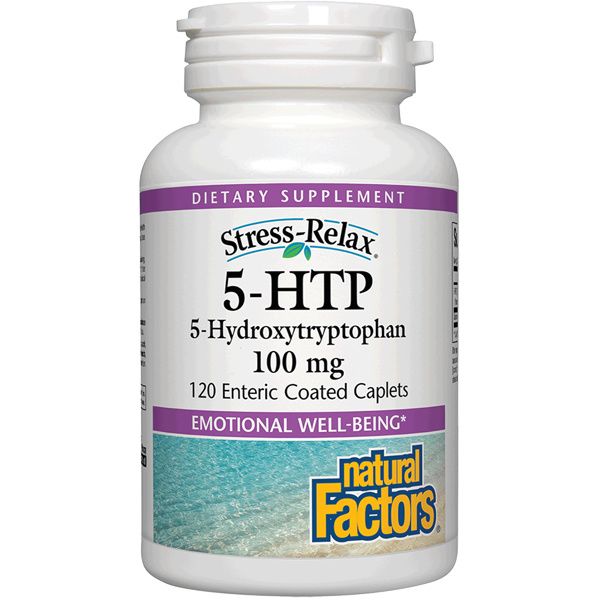 A bottle of Naturals Factors Stress-Relax® 5-HTP 100 mg