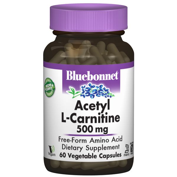 A rendering of a pill bottle with a white and purple label that reads Bluebonnet Acetyl L-Carnitine 500mg