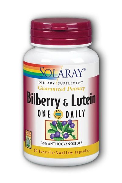 A bottle of Solaray Bilberry & Lutein One Daily