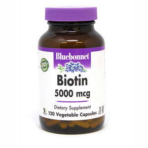 A bottle of Bluebonnet Biotin 5000 mcg