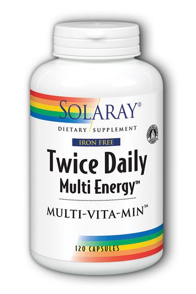 A bottle of Solaray Twice Daily Multi Energy™ Iron Free