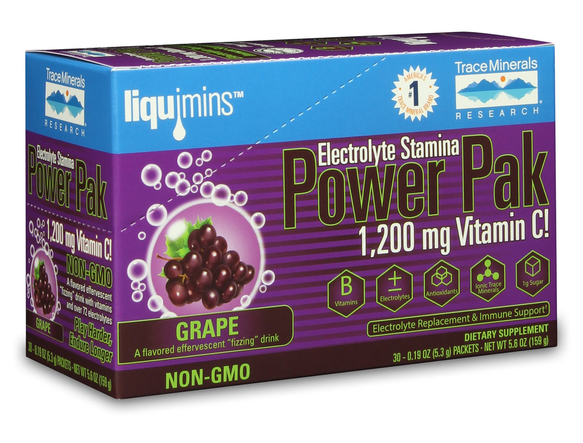 A box of Trace Minerals Electrolyte Stamina Power Pak NON-GMO Concord Grape