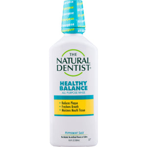 A bottle of Natural Dentist Healthy Balance Mouth Rinse Peppermint Sage