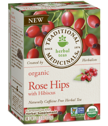 A box of Traditional Medicinals Organic Rose Hips with Hibiscus Tea