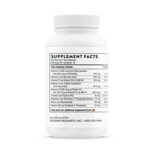 Side of the bottle that has Supplemental Facts for Thorne Basic Nutrients 2/Day 