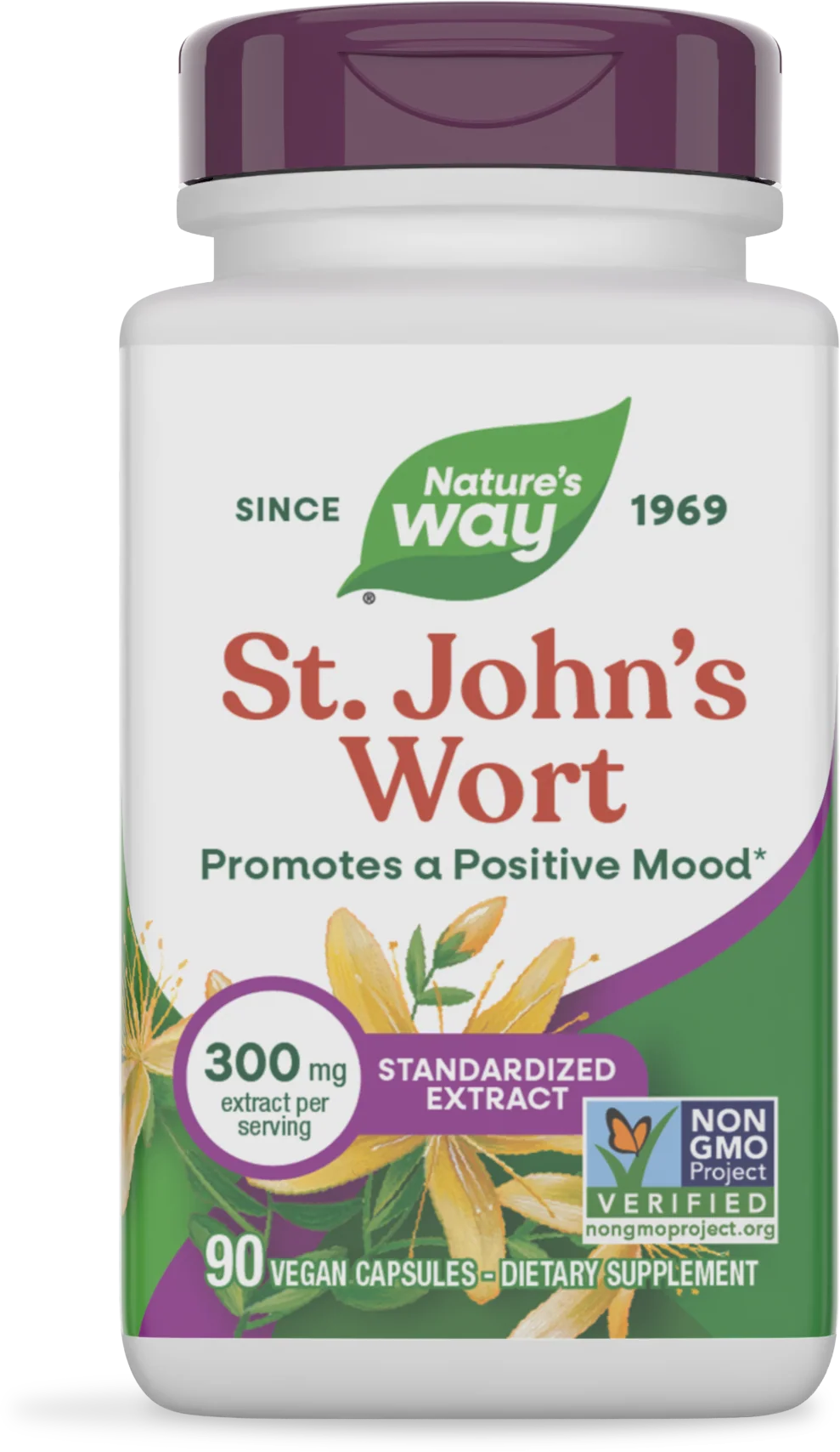 Nature's Way St. John's Wort dietary supplement bottle with a white body, dark purple cap, and a label featuring green, purple, and yellow botanical graphics.