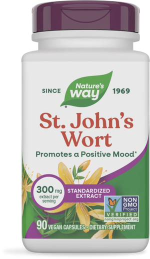 Nature's Way St. John's Wort dietary supplement bottle with a white body, dark purple cap, and a label featuring green, purple, and yellow botanical graphics.