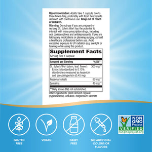 A white supplement facts label with black text showing recommendation, warning, and supplement facts for St. John's Wort, hyacinth, and spirulina.