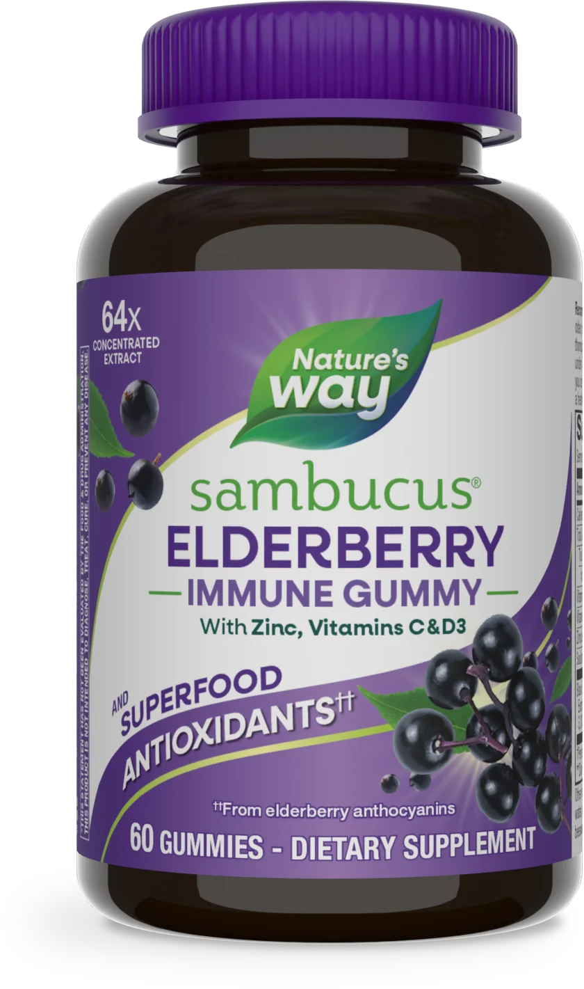 Nature's Way Sambucus Elderberry Immune Gummy bottle, 60 gummies, with a purple cap and a purple and white label featuring elderberry illustrations.