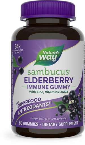 Nature's Way Sambucus Elderberry Immune Gummy bottle, 60 gummies, with a purple cap and a purple and white label featuring elderberry illustrations.
