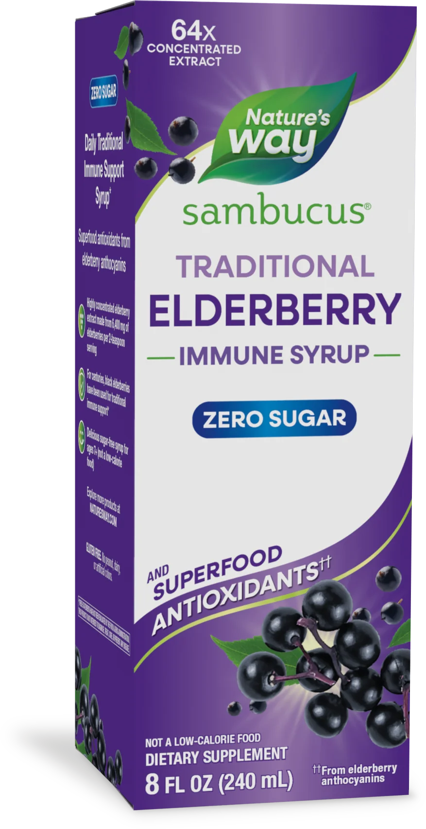 Nature's Way Sambucus Traditional Elderberry Immune Syrup in an 8 fl oz box, featuring a purple and white design with illustrations of elderberries.