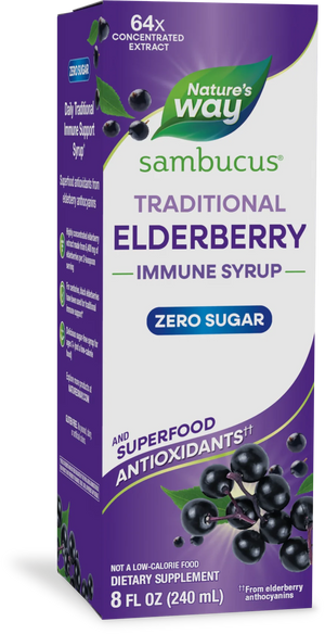 Nature's Way Sambucus Traditional Elderberry Immune Syrup in an 8 fl oz box, featuring a purple and white design with illustrations of elderberries.