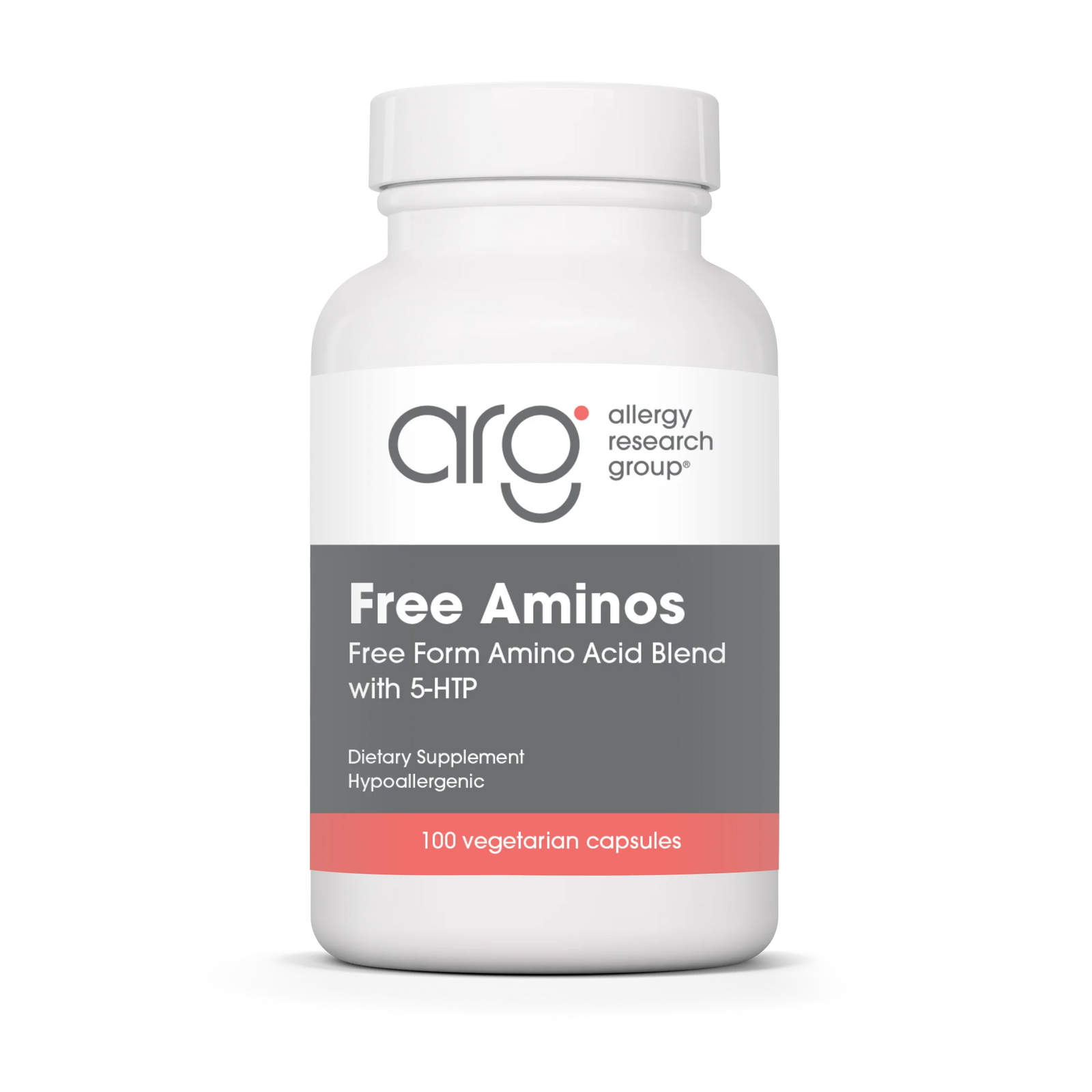 Supplement bottle labeled 'Free Aminos' by Allergy Research Group on a white background