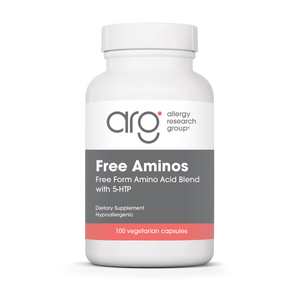 Supplement bottle labeled 'Free Aminos' by Allergy Research Group on a white background