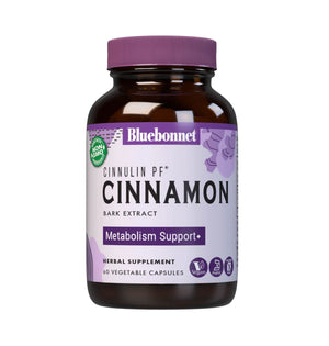 Bluebonnet Cinnulin PF Cinnamon Bark Extract herbal supplement in a dark amber bottle with a purple cap and white/purple label.