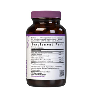 Brown supplement bottle with purple cap and label on a white background