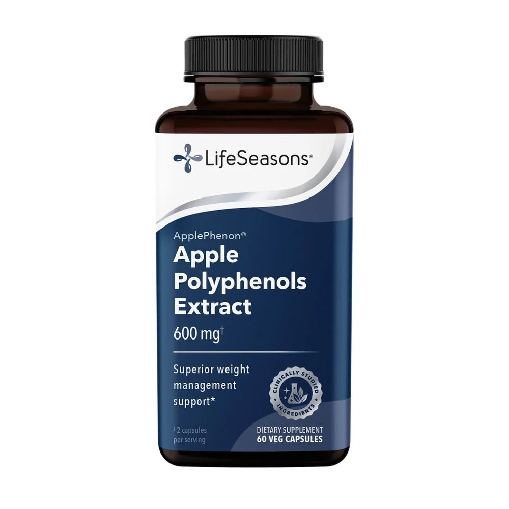 A bottle of LifeSeasons Apple Polyphenols Extract dietary supplement, 600 mg, containing 60 veg capsules, on a solid white background.