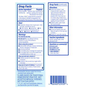 The back of an Arnicare muscle pain relief package, showing the Drug Facts panel with directions, warnings, and contact information on a white background.