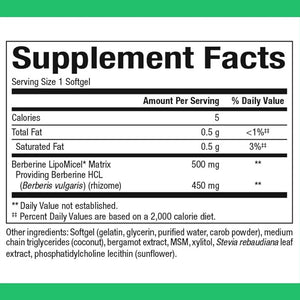 Supplement facts label for Berberine LipoMiel Matrix on a green background