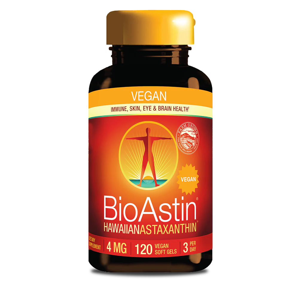 BioAstin Hawaiian Astaxanthin supplement bottle on a white background
