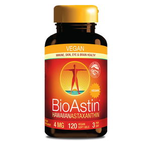 BioAstin Hawaiian Astaxanthin supplement bottle on a white background