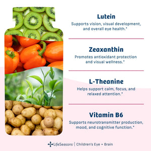 An informational graphic for LifeSeasons Children's Eye + Brain, featuring four eye-health nutrients with food illustrations: lutein from kiwi, zeaxanthin from orange peppers, L-theanine from green tea, and vitamin B6 from potatoes, on a pale pink and white background.