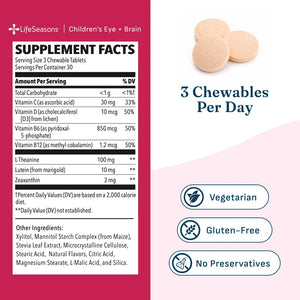 LifeSeasons Children's Eye + Brain supplement facts graphic showing three round chewable tablets on a white background with a pink sidebar listing supplement details and callout badges for vegetarian, gluten-free, and no preservatives.