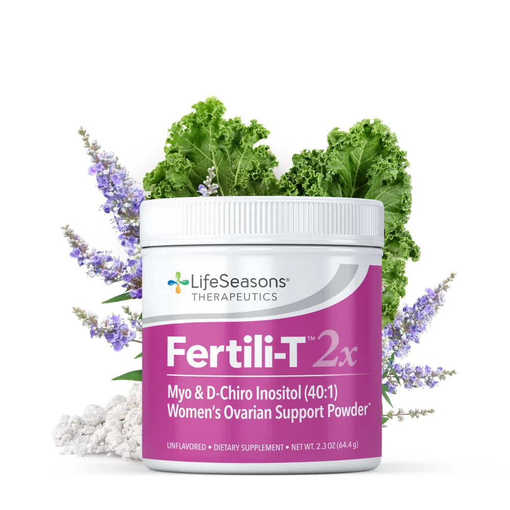 LifeSeasons Fertili-T 2x supplement container with green leaves and purple flowers on a white background