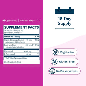 Promotional product graphic for LifeSeasons Women's Fertilii-T2 2X supplement. The left side features a magenta background with a white supplement facts panel showing ingredients like Vitamin D, Myo-Inositol, and D-Chiro Inositol.