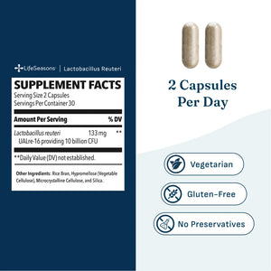 Product information graphic for LifeSeasons Lactobacillus Reuteri capsules. The left side shows a supplement facts label with serving size 2 capsules, while the right side shows two beige capsules, the text '2 Capsules Per Day,' and callouts for Vegetarian, Gluten-Free, and No Preservatives.