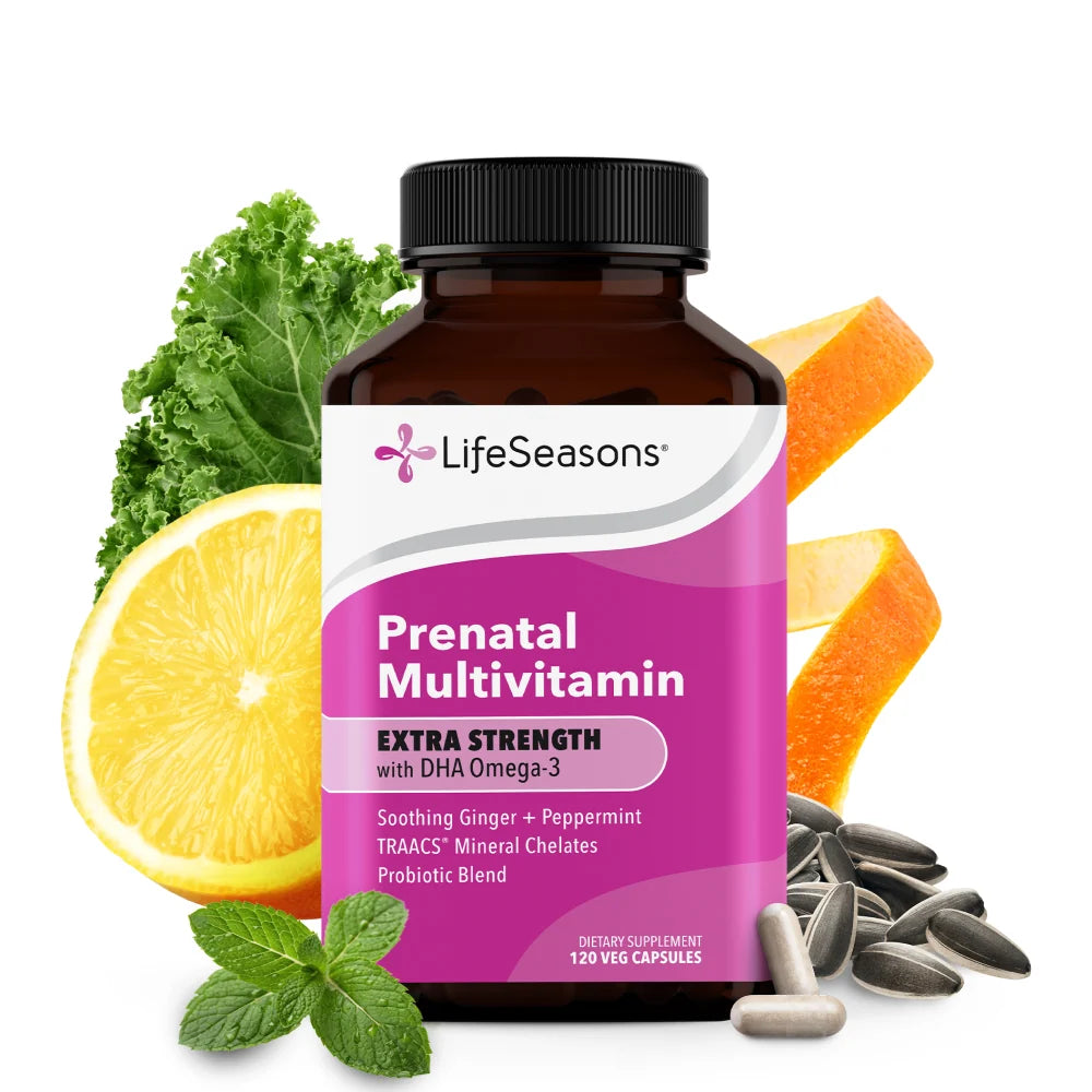 LifeSeasons prenatal multivitamin bottle with fruits and vegetables on a white background